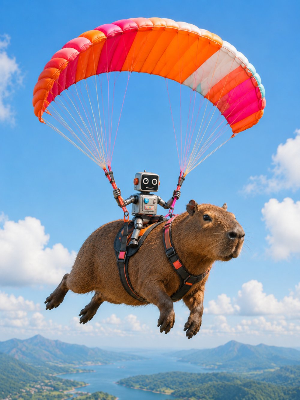 A capybara flying, lifted by a small robot on a rope