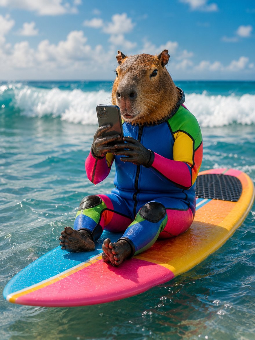A capybara in a wetsuit checking its phone on a surfboard