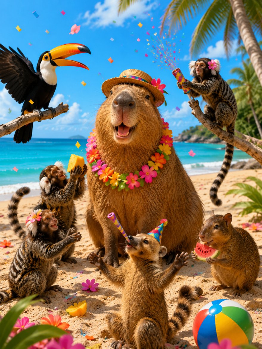 A party capybara in a straw hat and flower lei, surrounded by celebrating animals on a beach